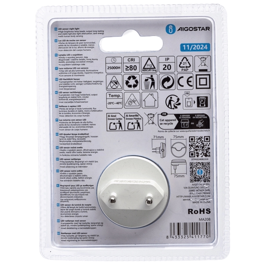 Aigostar - LED Luz nocturna con sensor crepuscular LED/0,5W/230V 6500K