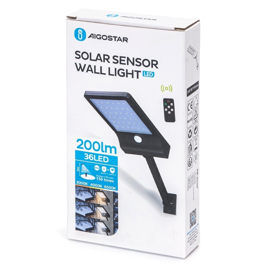 Aigostar - Lámpara solar LED regulable con sensor LED/2,3W/5,5V IP65 + mando a distancia