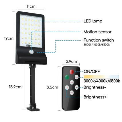 Aigostar - Lámpara solar LED regulable con sensor LED/2,3W/5,5V IP65 + mando a distancia