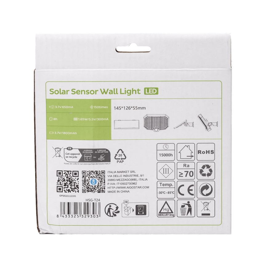 Aigostar - LED Lámpara solar con sensor de movimiento LED/2,4W/3,7V IP65