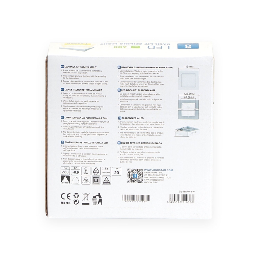 Aigostar - LED Plafón LED/6W/230V 12,2x12,2 cm 3000K blanco