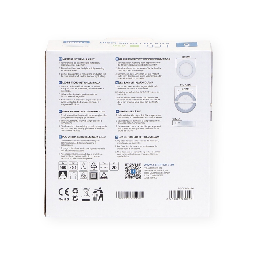 Aigostar - LED Plafón LED/6W/230V diá. 12,3 cm 3000K blanco