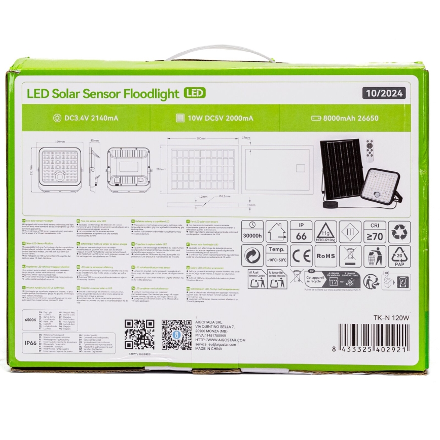 Aigostar - LED Proyector solar regulable con sensor LED/120W/3,4V IP66 + control remoto