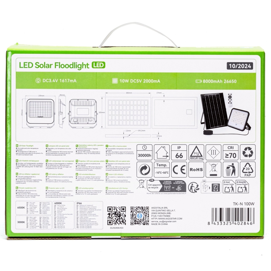 Aigostar - LED Proyector solar regulable LED/100W/3,4V IP66 + control remoto