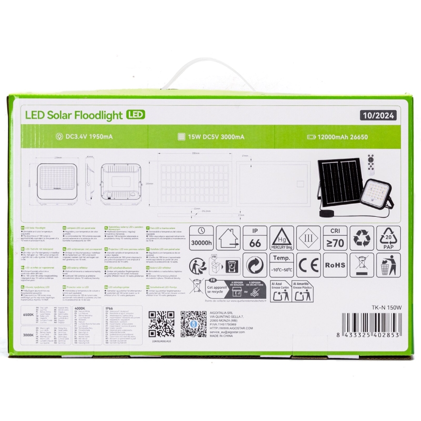 Aigostar - LED Proyector solar regulable LED/150W/3,4V IP66 + control remoto
