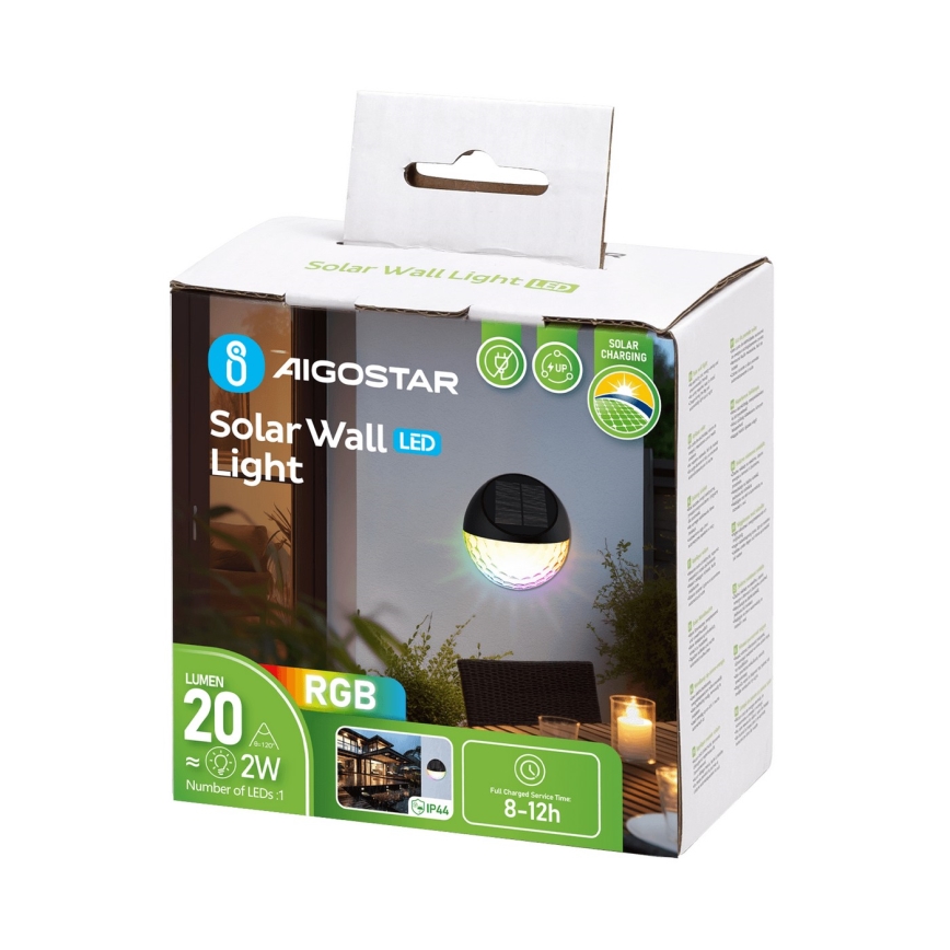 Aigostar - LED RGB Aplique solar LED/2W/1,2V 300 mAh negro IP44