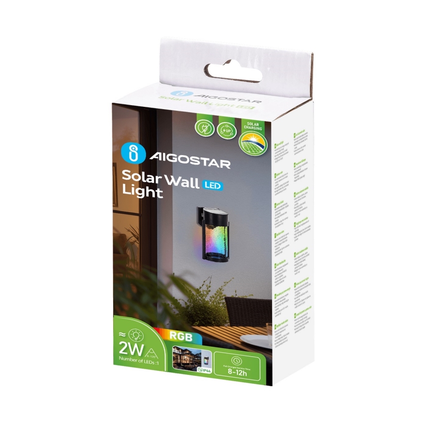 Aigostar - LED RGB Aplique solar LED/2W/1,2V negro IP44