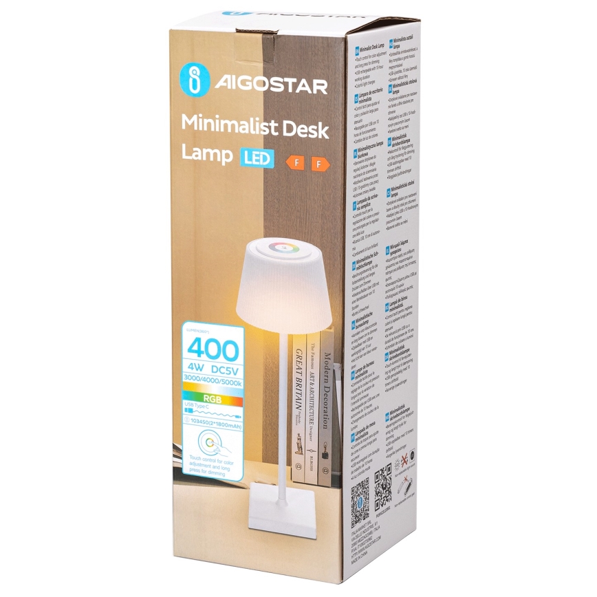 Aigostar - LED RGBW Lámpara de mesa recargable y regulable para exterior LED/4W/5V 3600mAh blanco IP54
