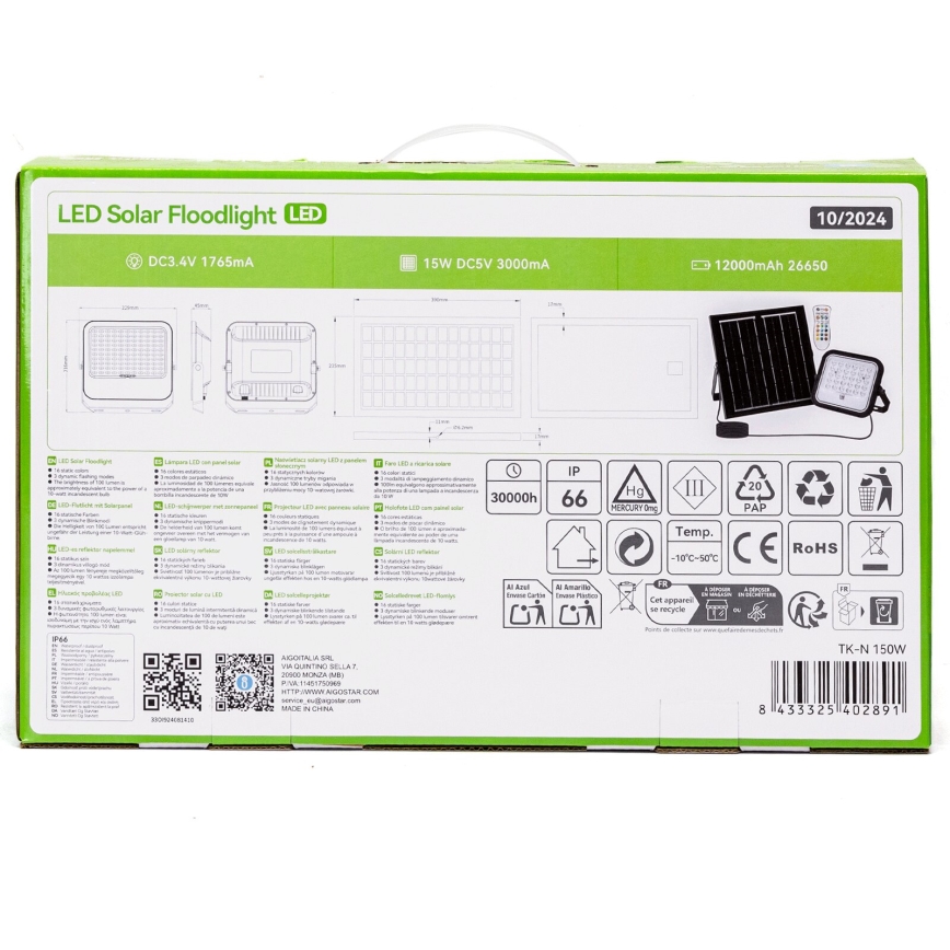 Aigostar - LED RGBW Proyector solar regulable LED/150W/3,4V IP66 + control remoto
