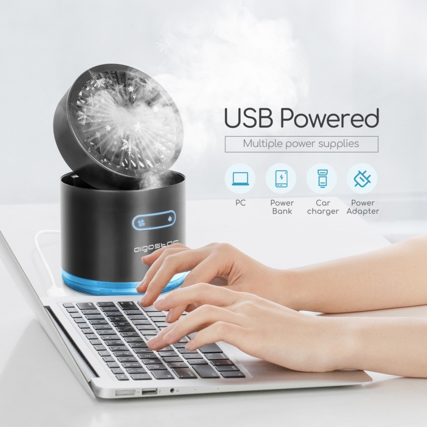 Aigostar - Mini ventilador de mesa inalámbrico RGB con efecto niebla MIST 10W/5V negro