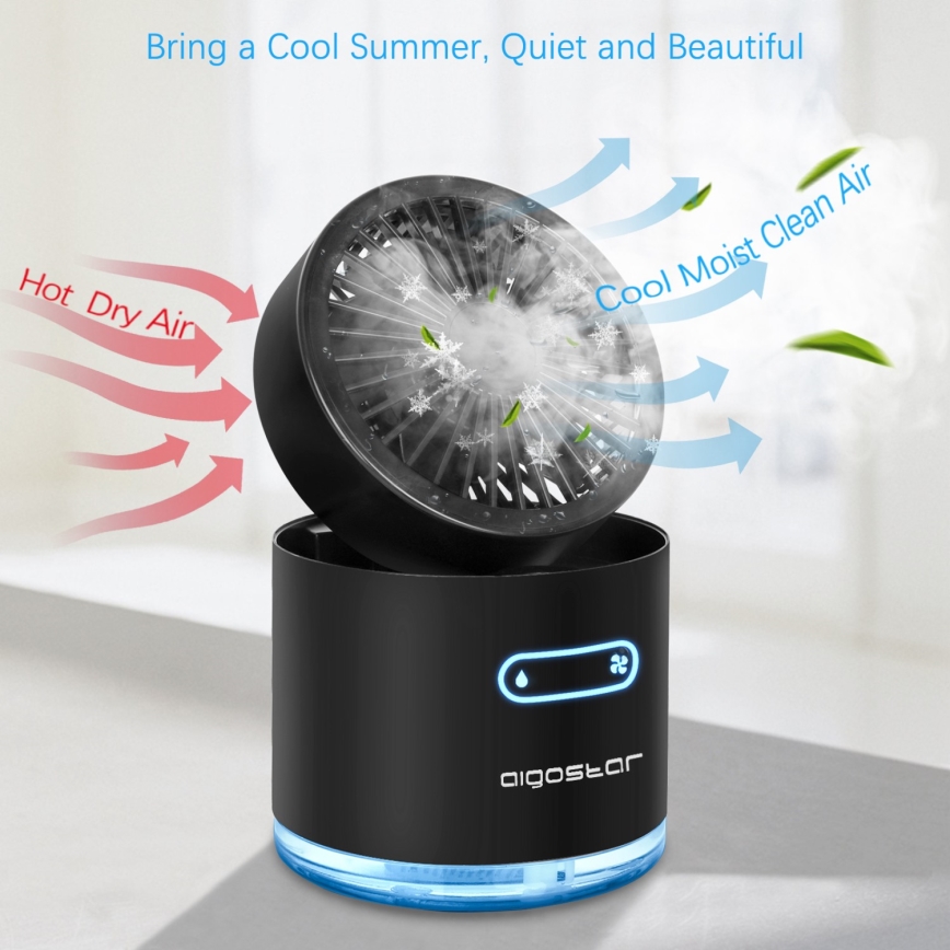 Aigostar - Mini ventilador de mesa inalámbrico RGB con efecto niebla MIST 10W/5V negro