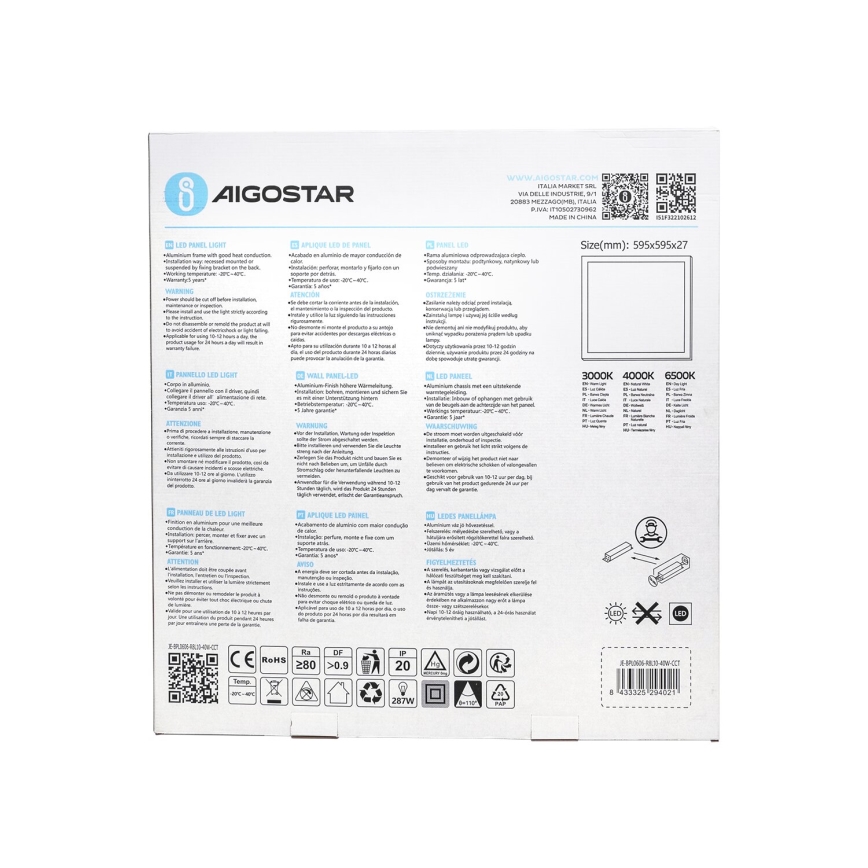 Aigostar - Panel LED empotrado LED/40W/230V 3000K/4000K/6500K 60x60cm blanco