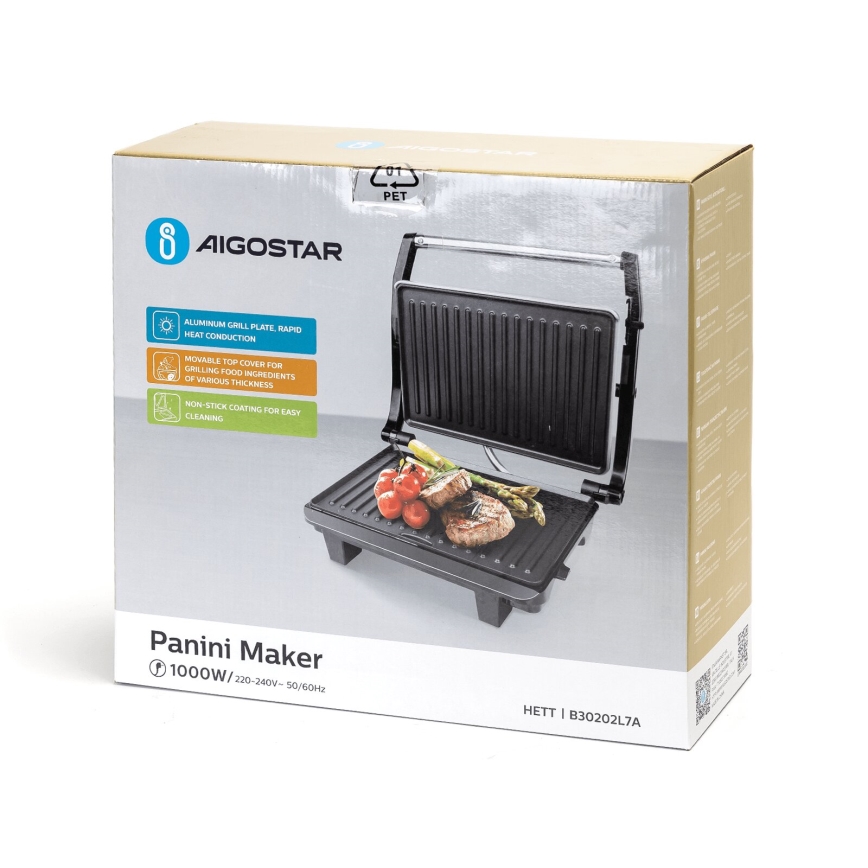 Aigostar - Parrilla de contacto 1000W/230V negro/cromo mate