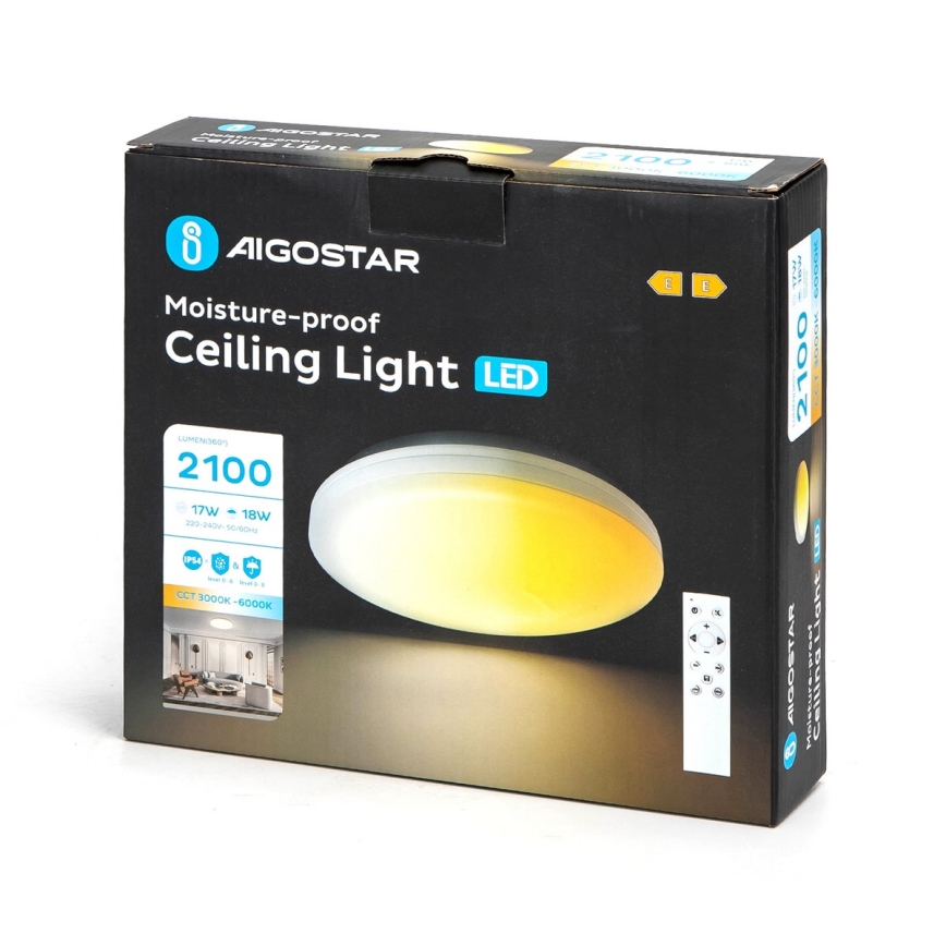 Aigostar - Plafón de baño LED regulable LED/18W/230V 3000-6000K IP54 + control remoto