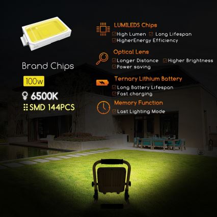 Aigostar - Proyector LED recargable y regulable LED/100W/5V 6500K IP65 1500mAh