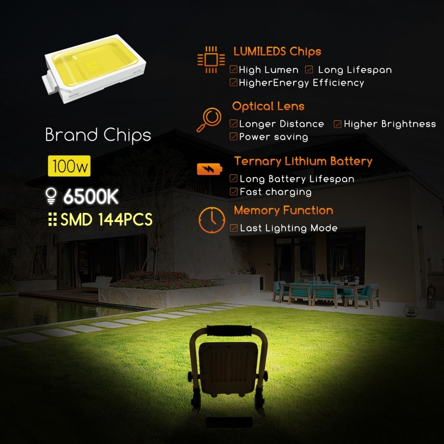 Aigostar - Proyector LED recargable y regulable LED/100W/5V 6500K IP65 1500mAh