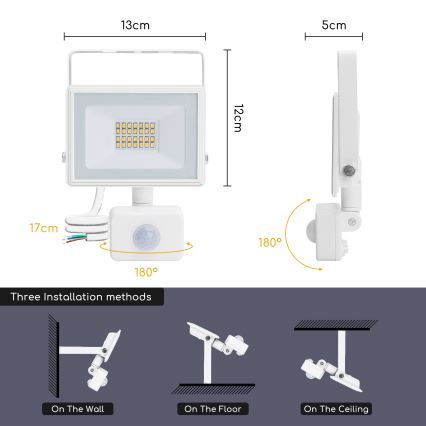 Aigostar - Reflector LED con sensor LED/20W/230V 4000K IP65 blanco