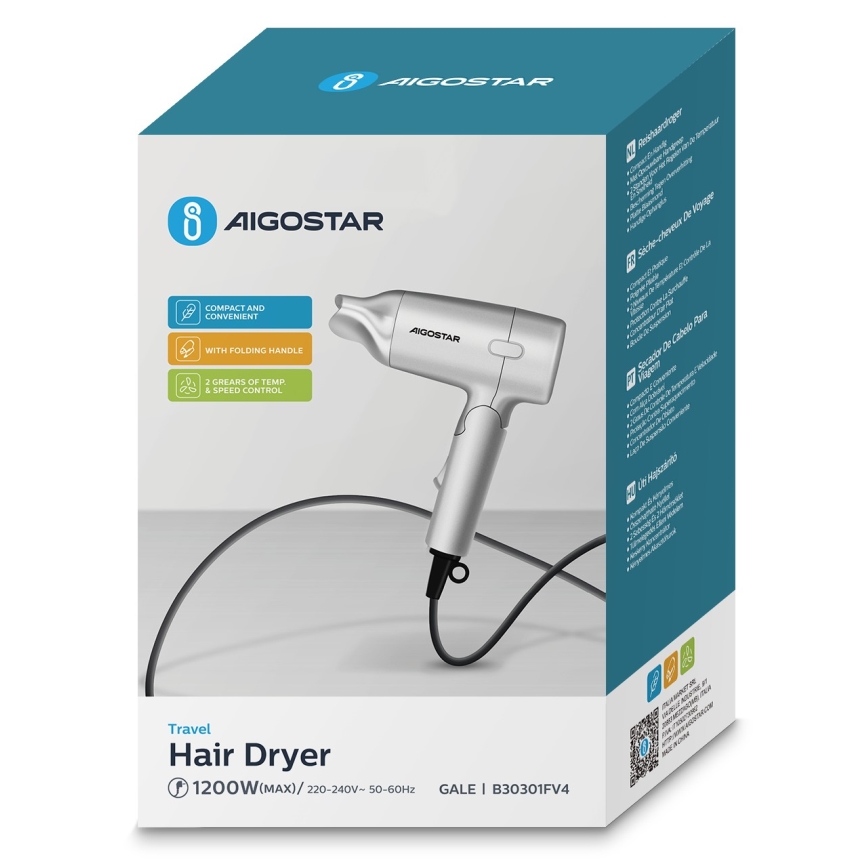Aigostar - Secador de pelo de viaje 1200W/230V plata