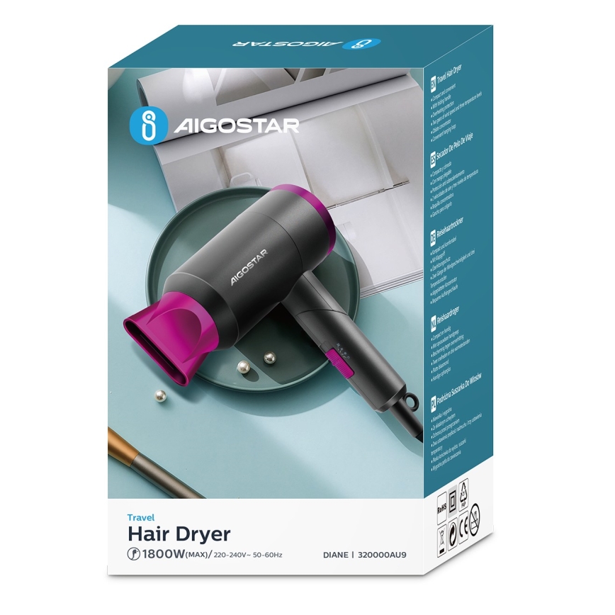 Aigostar - Secador de pelo de viaje 1800W/230V morado/negro