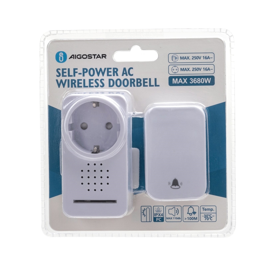 Aigostar - Timbre inalámbrico con enchufe integrado 1Z 230V IPX4 blanco