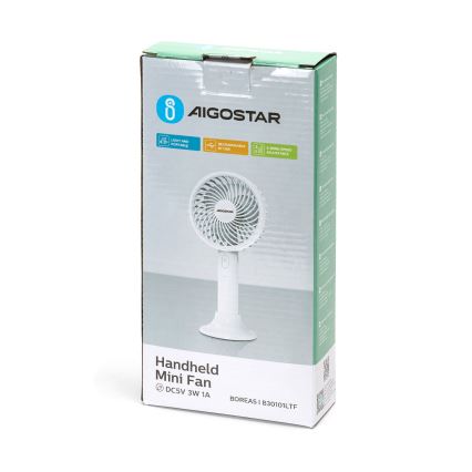 Aigostar - Ventilador de bolsillo recargable 3W/5V 1500mAh USB blanco