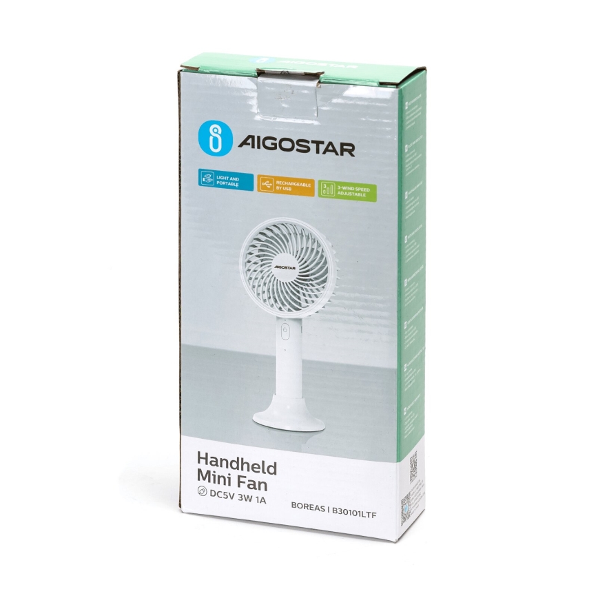 Aigostar - Ventilador de bolsillo recargable 3W/5V 1500mAh USB blanco