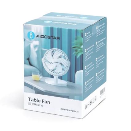 Aigostar - Ventilador de mesa 3W/5V blanco
