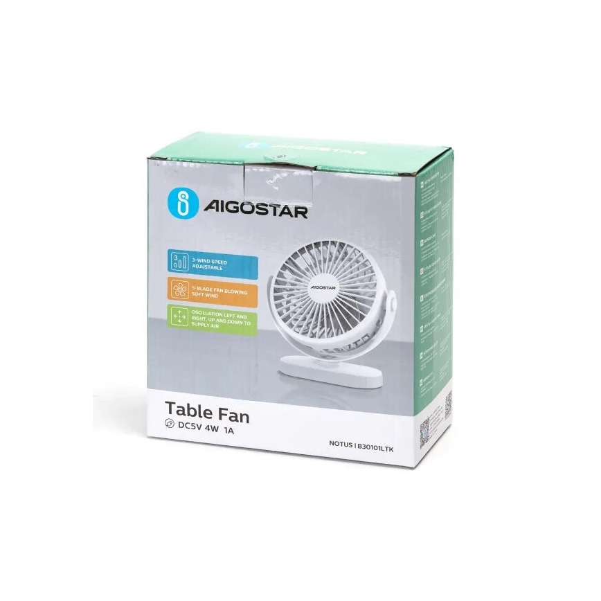 Aigostar - Ventilador de mesa recargable 4W/5V 1500mAh blanco