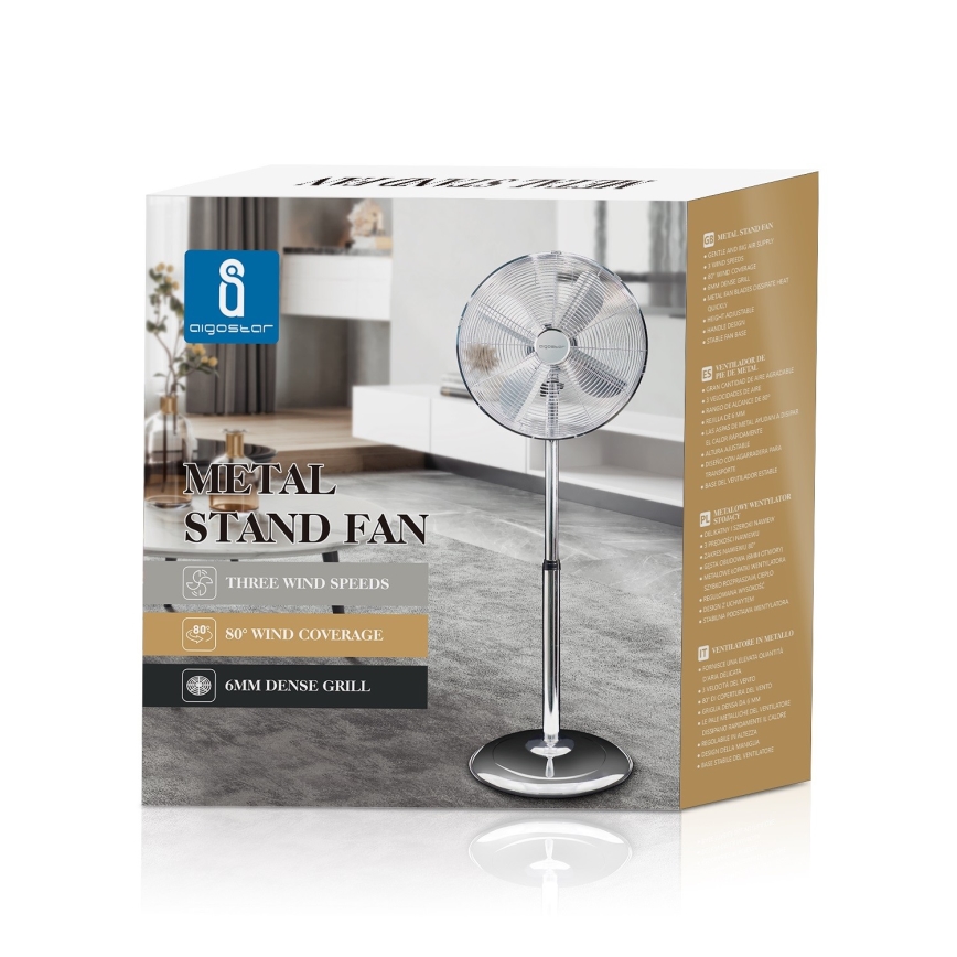 Aigostar - Ventilador de pie 50W/230V 44,8 cm cromo brillante