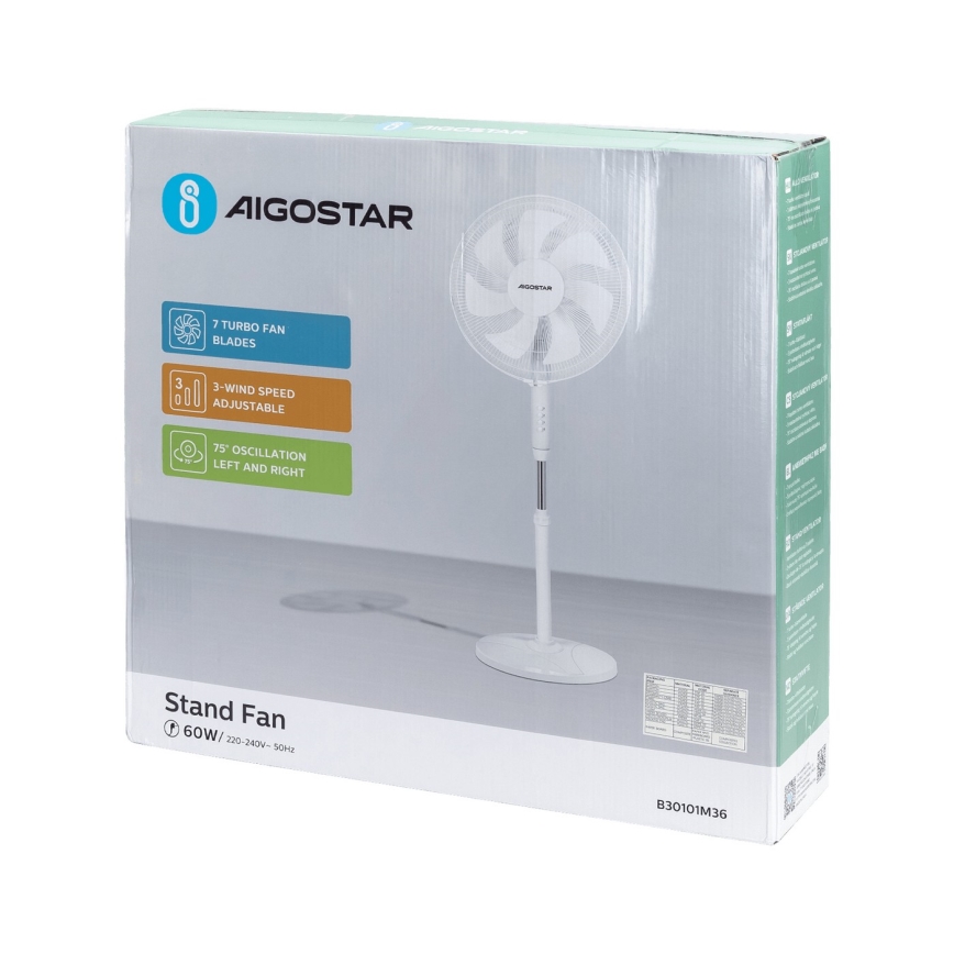 Aigostar - Ventilador de pie 60W/230V blanco