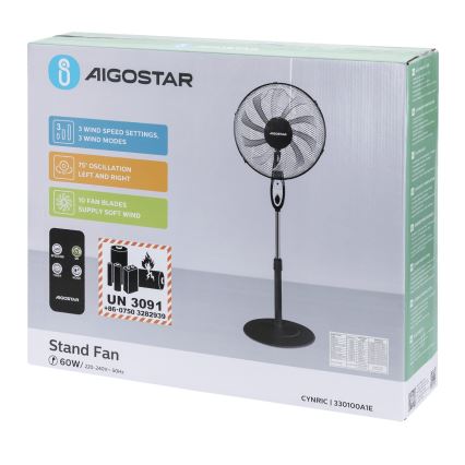 Aigostar - Ventilador de pie 60W/230V negro + control remoto