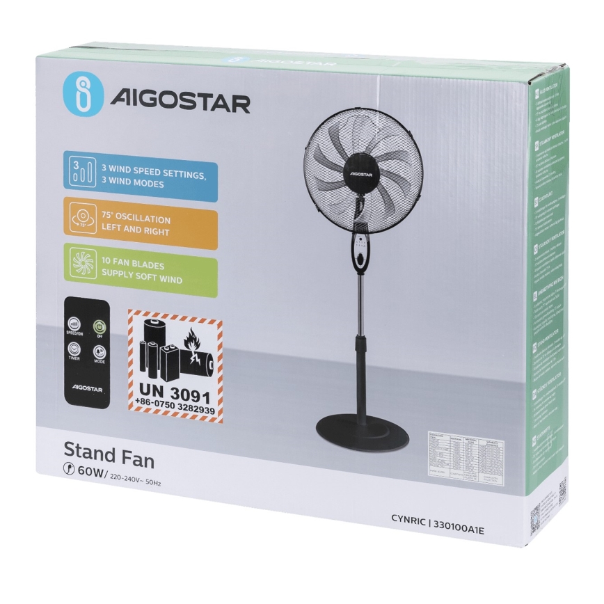 Aigostar - Ventilador de pie 60W/230V negro + control remoto