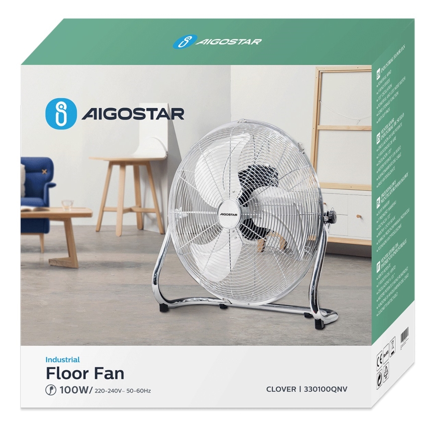 Aigostar - Ventilador de suelo 100W/230V cromo brillante