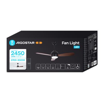 Aigostar - Ventilador de techo LED regulable LED/24W/230V 2700-6500K 106,6 cm + control remoto