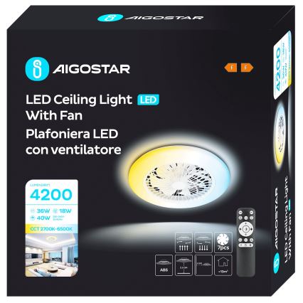 Aigostar - Ventilador de techo LED regulable LED/40W/230V 2700-6500K diá. 49 cm + control remoto blanco