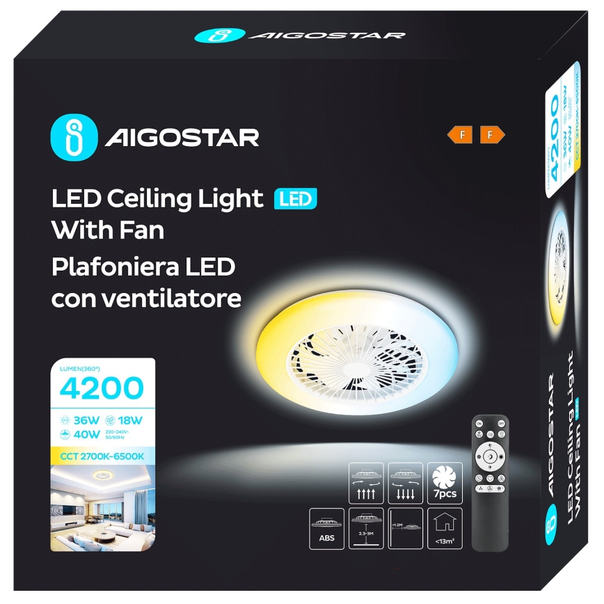 Aigostar - Ventilador de techo LED regulable LED/40W/230V 2700-6500K diá. 49 cm + control remoto blanco