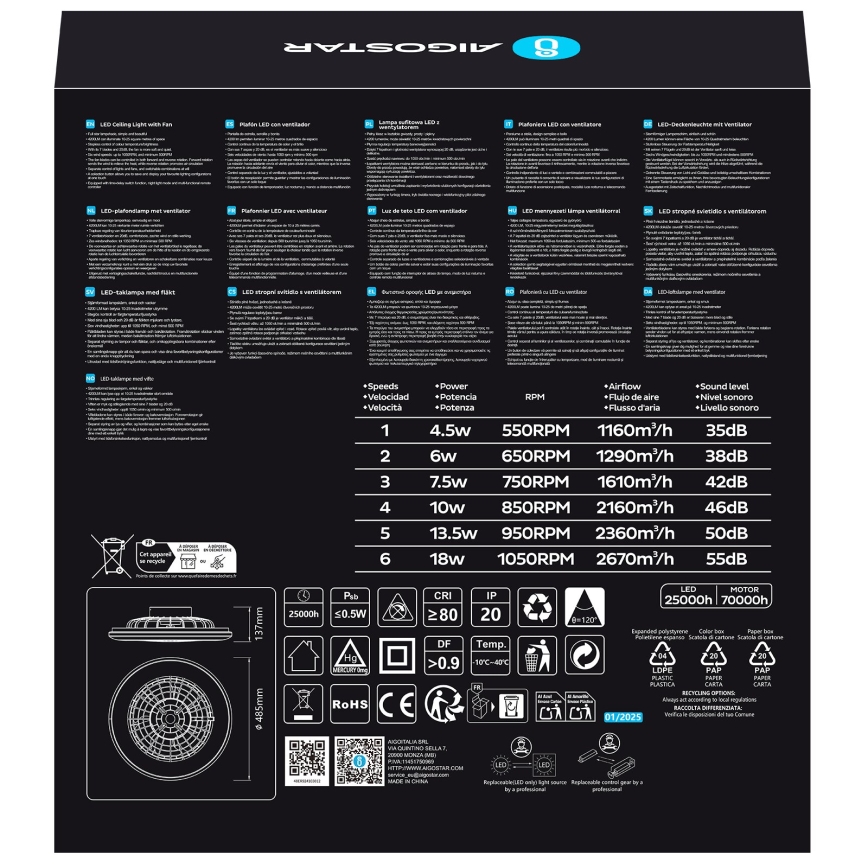Aigostar - Ventilador de techo LED regulable LED/40W/230V 2700-6500K diá. 49 cm + control remoto blanco