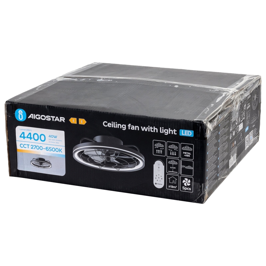 Aigostar - Ventilador de techo LED regulable LED/40W/230V 2700-6500K diá. 48 cm + control remoto negro