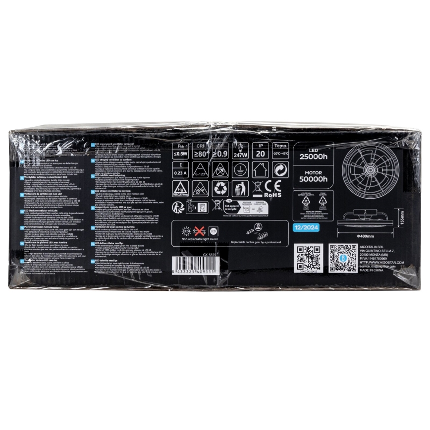 Aigostar - Ventilador de techo LED regulable LED/40W/230V 2700-6500K diá. 48 cm + control remoto negro