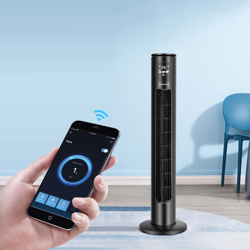 Aigostar - Ventilador de torre 50W/230V negro Wi-Fi + control remoto