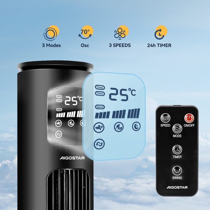 Aigostar - Ventilador de torre 50W/230V negro Wi-Fi + control remoto