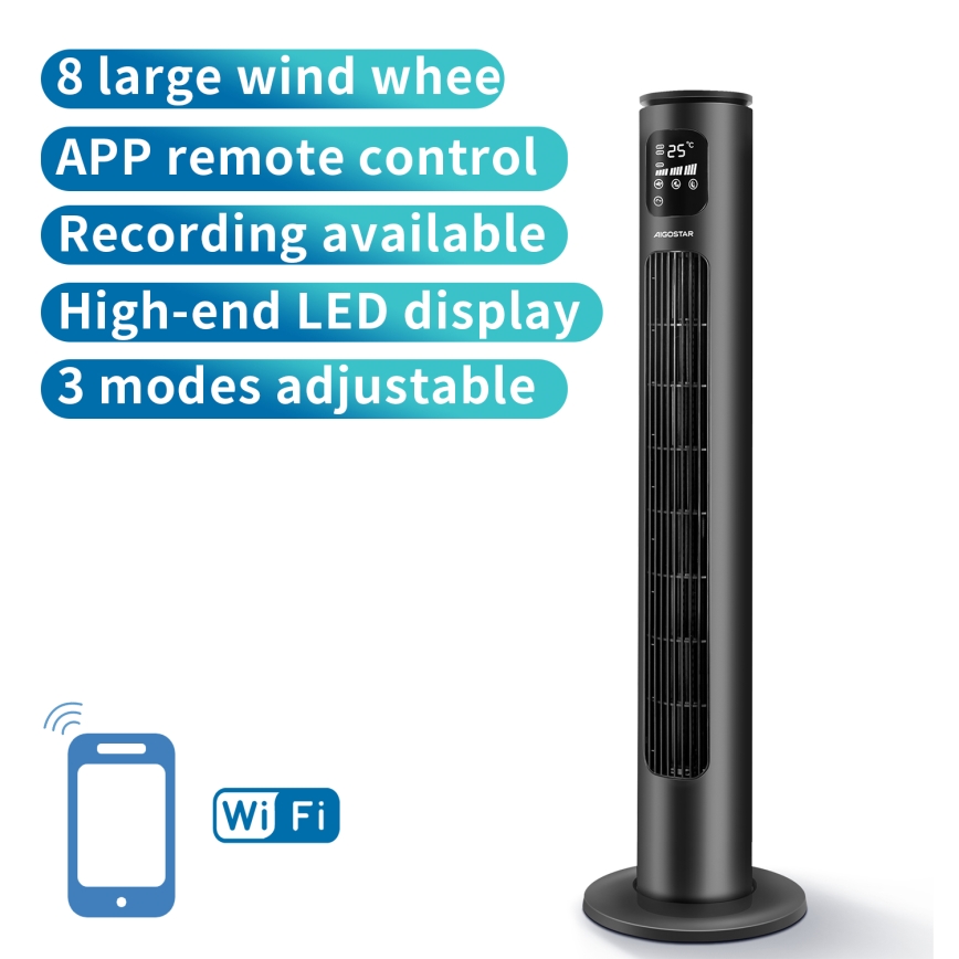 Aigostar - Ventilador de torre 50W/230V negro Wi-Fi + control remoto