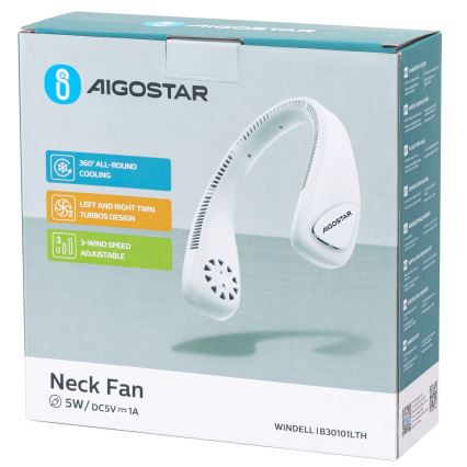 Aigostar - Ventilador recargable para el cuello 4W/5V 2000mAh blanco