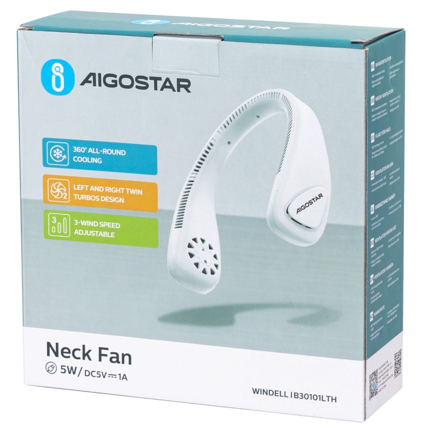 Aigostar - Ventilador recargable para el cuello 4W/5V 2000mAh blanco