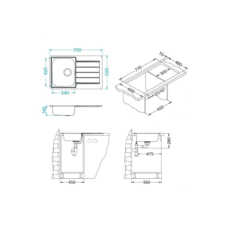 ALVEUS 1069147 - Fregadero de cocina LINE 79x50 cm acero mate/satén