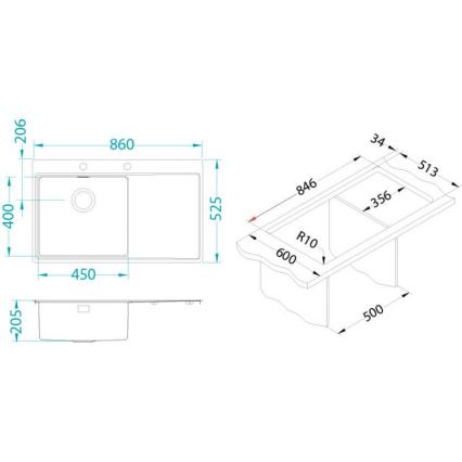 ALVEUS 1103652 - Fregadero de cocina PURE 86x52,5 cm satin, izquierda