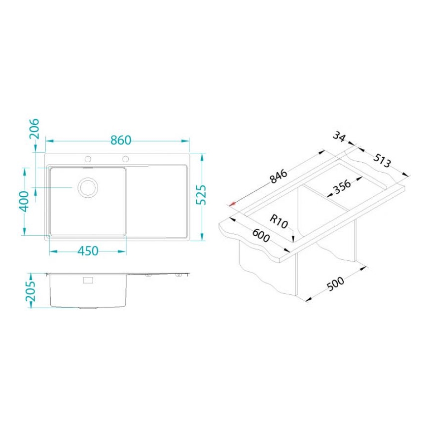 ALVEUS 1103652 - Fregadero de cocina PURE 86x52,5 cm satin, izquierda