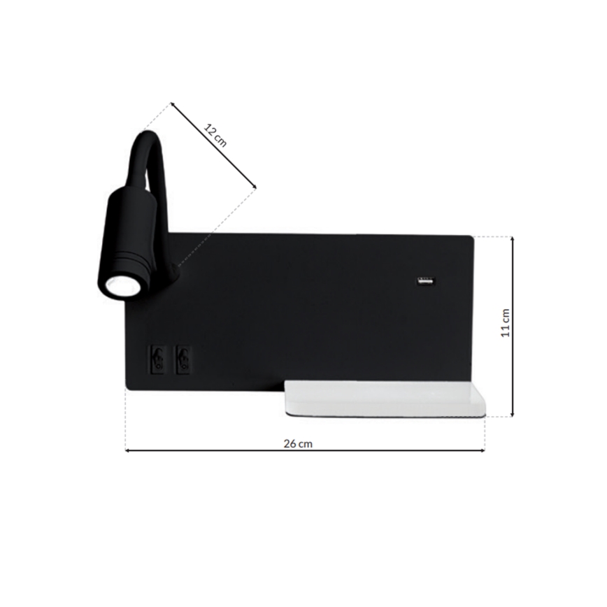 Aplique de pared LED SHELF 1xLED/4W + 1xLED/5W + 1xLED/2W/230V negro
