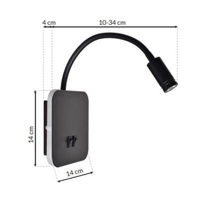 Aplique flexible LED BASE 1xLED/8W+1xLED/2W/230V negro/plata