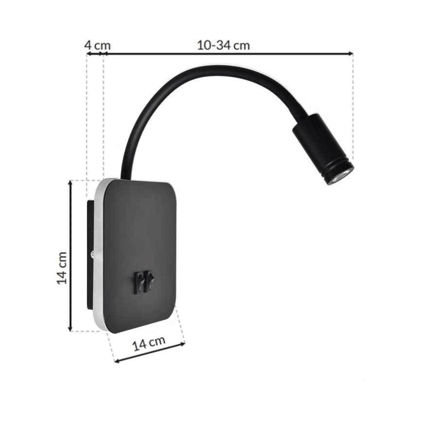 Aplique flexible LED BASE 1xLED/8W+1xLED/2W/230V negro/plata